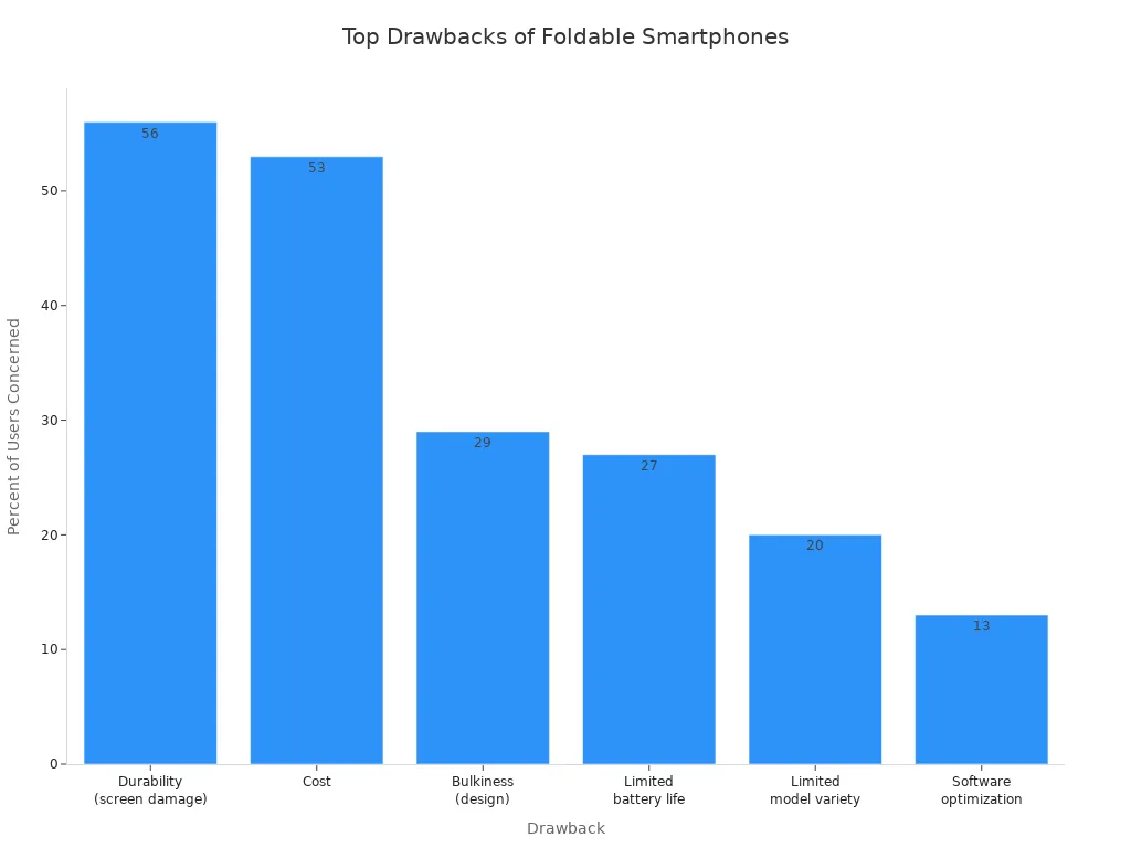 Bar chart showing user-reported drawbacks of foldable smartphones in 2025, with durability and cost as top concerns.